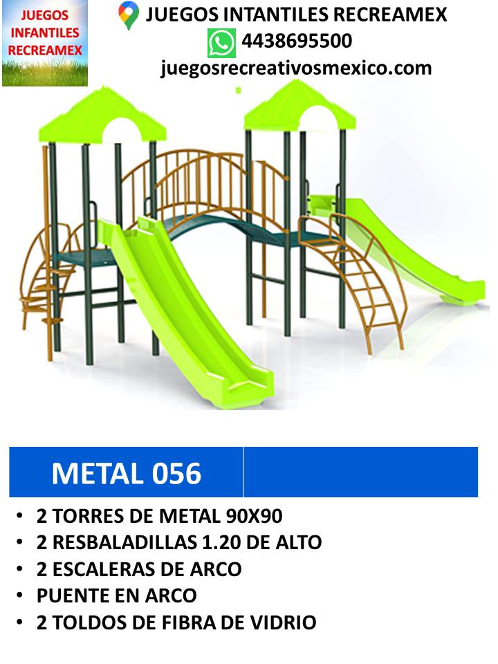 modulo de metal con resbaladilla, escalras en arco, puente en arco